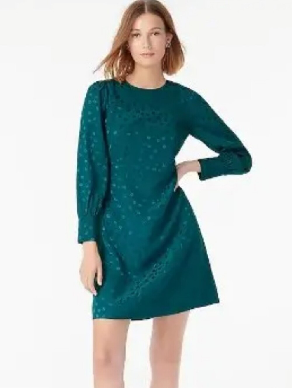 J. Crew teal satin jacquard long sleeve dress